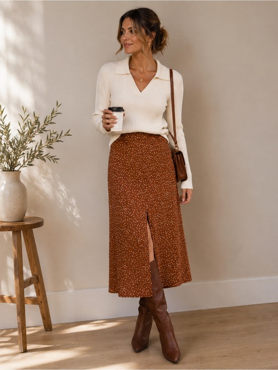 Target Dresses & Skirts - Target Brown Polka Dot Midi Skirt Slit High Rise Size M